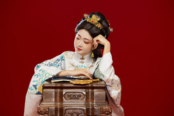 Girl wearing Chinese Ming Dynasty Hanfu costume against a red background