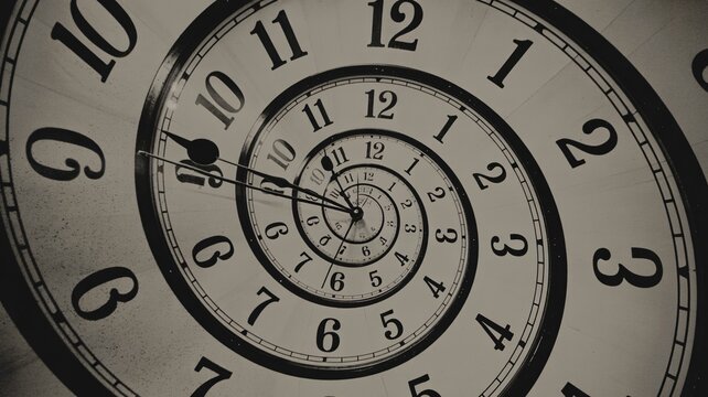 A close-up view of a spiral clock face, showcasing distorted time in a monochromatic scheme.