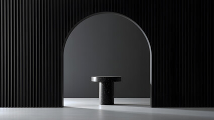 Minimalist Black Marble Podium Display With Archway and Slat Wall For Product Showcase and Modern Interior Decoration Background