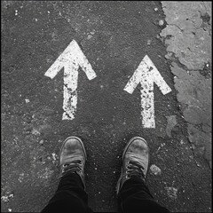 Fototapeta premium Two white painted upward arrows on asphalt, with dark boots positioned below