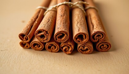 Aromatic Cinnamon Sticks Bundled Together on Neutral Background for Culinary and Wellness Uses