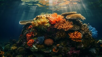 Bright coral reef with diverse aquatic plants and sea life