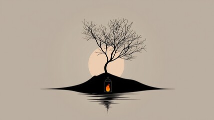 Bare tree, lantern, and a hill silhouette at sunset