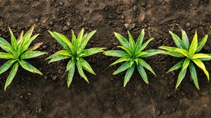 Young plants growing in rows, aerial view, agriculture