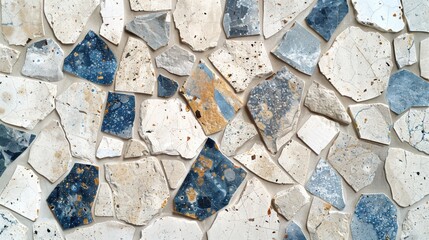 Fototapeta premium Neutral terrazzo texture with beige cement base and random blue, white, and light gray stone flecks