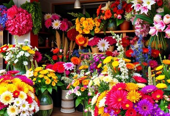 Fototapeta premium Vibrant floral shop brimming with colorful blooms, showcasing artful arrangements, shop, cheerful