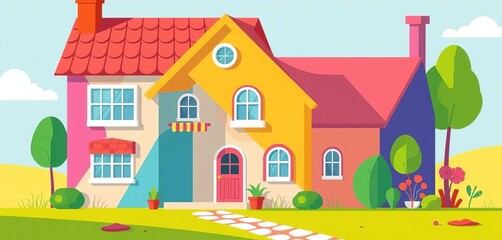 Vibrant flat-style illustration of a whimsical, colorful house with geometric shapes, geometric, cartoon