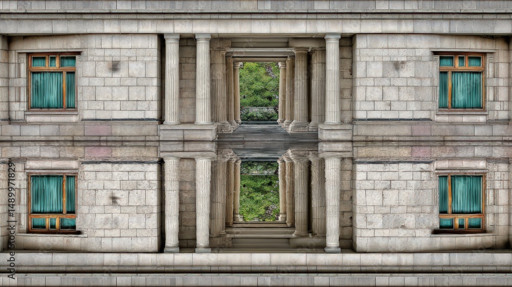 Poster Mirrored Architecture Reflected In Still Water With Surrounding Greenery In Urban Setting