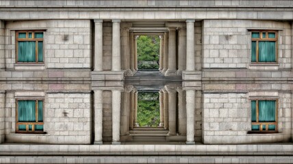 Mirrored Architecture Reflected In Still Water With Surrounding Greenery In Urban Setting