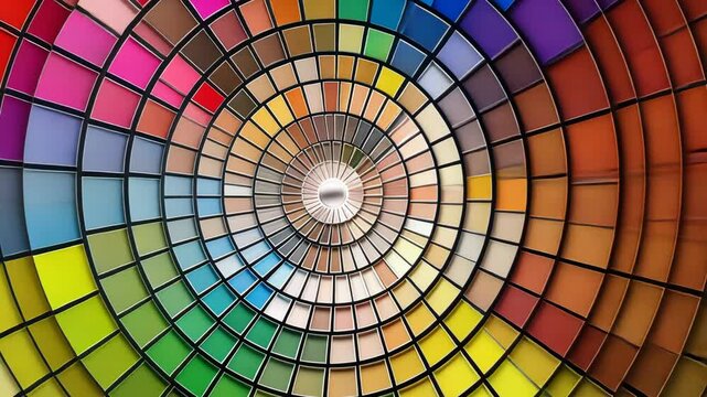 Colorful circular color palette.  A comprehensive spectrum of vibrant hues arranged in a spiral pattern.  Each color is represented by a distinct square