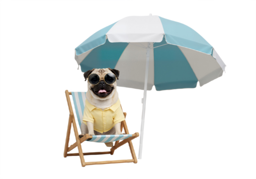 Cute Pug Sitting in Beach Chair Under Bright Umbrella – Fun Summer Pet Scene – Isolated on White or Transparent Background
