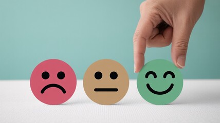 A hand selects a smiling emoji from three expressive faces on a light background, conveying emotions.