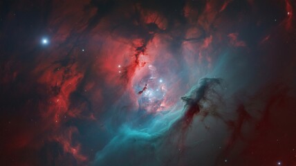 Stunning cosmic nebula with vibrant red and blue hues, showcasing the beauty of deep space.