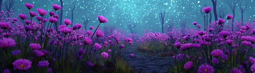 Fototapeta premium Blooming flowers in meadow through dreamy gardens and paradise concept. Vibrant purple flowers blooming in a dreamy landscape with rain.