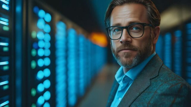 Professional middle-aged Caucasian man in blazer standing in glowing server room corridor with blue lighting, corporate tech atmosphere, ideal for IT branding, cybersecurity promos, and cloud computin