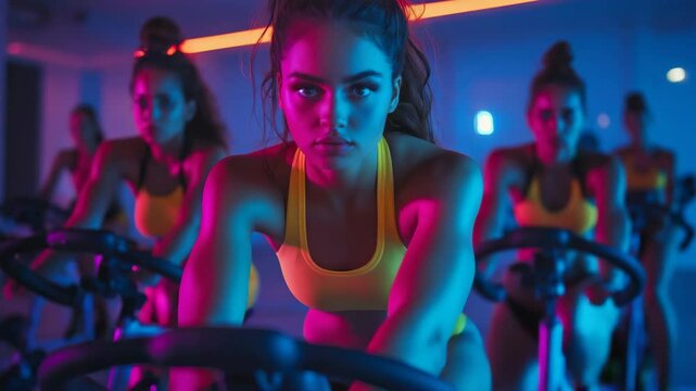 Dynamic video of athletic young women in neon-lit gym doing spinning workout, focused expressions and bright blue-pink lighting, perfect for fitness brand ads, gym promos, or sports content with copy 