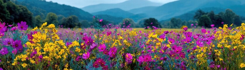 Obraz premium Blooming flowers in meadow across glowing vibrant paradise concept. Vibrant wildflowers bloom in a scenic mountain landscape.