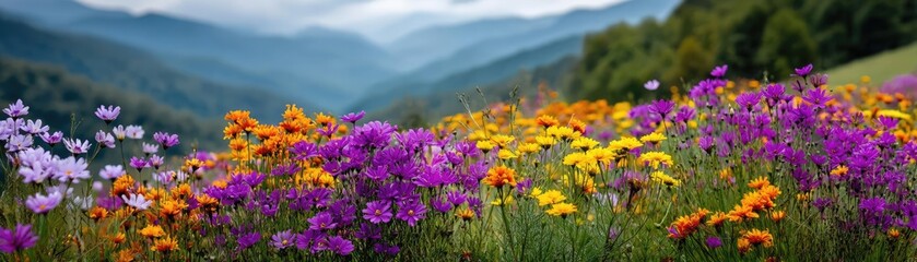 Obraz premium Blooming flowers in meadow across glowing vibrant paradise concept. Vibrant wildflowers in a lush landscape under a cloudy sky.