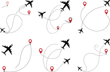 Various airplane routes with dotted lines and red location pins on a white background illustration