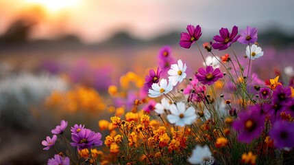 Obraz premium Blooming flowers in meadow across glowing vibrant paradise concept. Vibrant wildflowers blooming in a colorful sunset landscape.