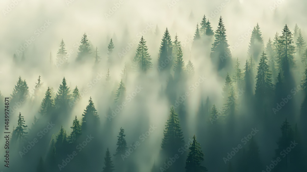 Poster misty forest trail with tall pine trees and fog drifting in a serene wilderness setting