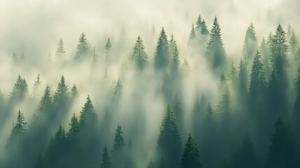 Misty Forest Trail with Tall Pine Trees and Fog Drifting in a Serene Wilderness Setting
