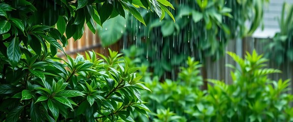 Obraz premium Torrential downpour saturates lush green backyard, leaves glistening, water, downpour