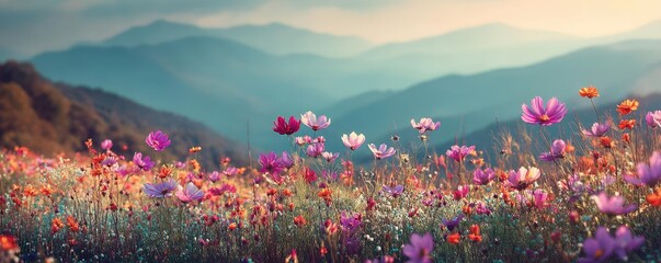 Blooming flowers in meadow across glowing vibrant paradise concept. A vibrant field of blooming flowers against a mountain backdrop.