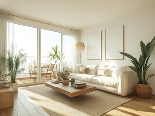 Fototapeta premium Cozy Living Space: A bright, airy living room filled with natural light, furnished with a minimalist sofa, wooden coffee table, and lush greenery. Inviting and calm.