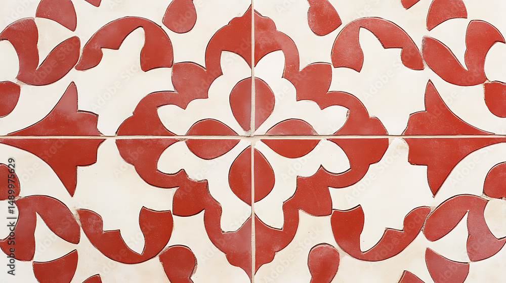 Poster a decorative tile pattern featuring repeating floral motifs in red and cream. the design creates a s