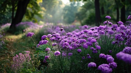 Obraz premium Blooming flowers in meadow through dreamy gardens and paradise concept. Vibrant purple flowers blooming in a serene forest setting.