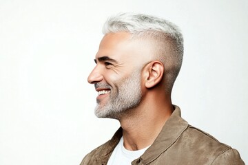 Obraz premium Pure white solid background. Visual idea of style for aging men. Classy men's buzz cut haircut - midlife arabian man with middle hair. An artistic and modern man captured in a studio.