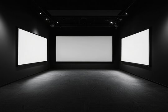 Empty presentation hall with three large blank screens