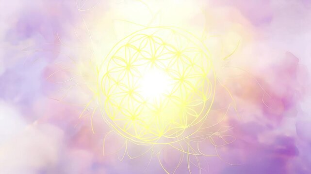 Abstract animation of golden sacred geometry symbol on pastel watercolor background for meditation visuals, spiritual branding, wellness content, with copy space in the center