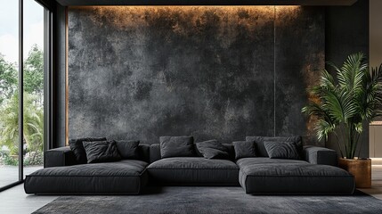 luxury living room interior design, black sofa with dark concrete wall,