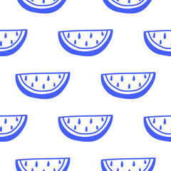 A simple modern seamless pattern with blue slices of watermelon. Cute summer line art print.