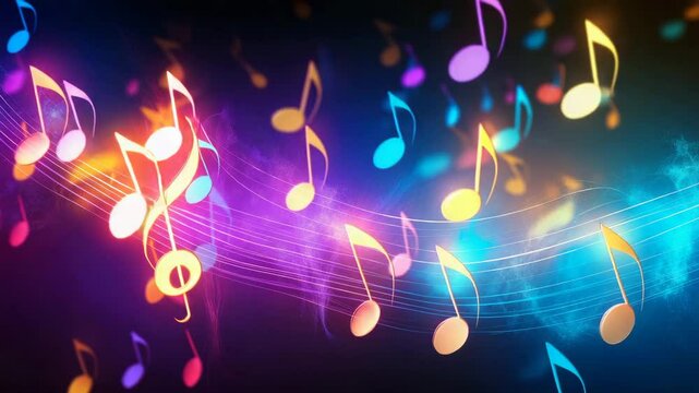 Colorful music notes animation floating in vibrant neon background with electric blue, purple, and orange tones for party visuals, event promotions, concert intros, and music branding video background