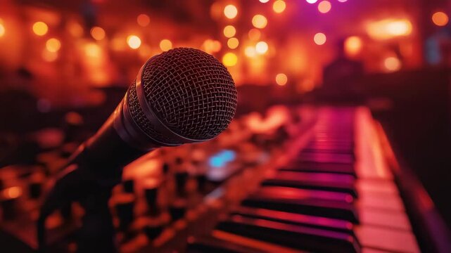 Close-up of microphone and keyboard in music lounge with warm red-orange bokeh lights for live concert visuals, podcast intros, jazz club branding, and creative content with copy space on left in mood