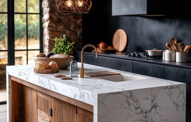 Contemporary kitchen island with marble countertop.
