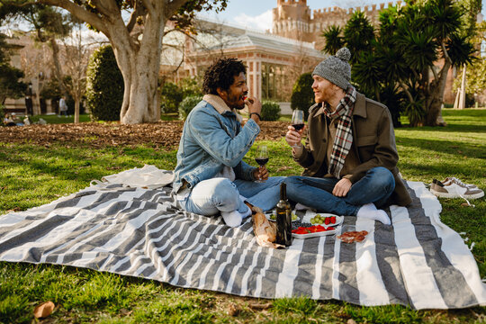 A gay couple enjoys a cozy romantic picnic on a sunny day in the park, sipping wine and sharing food on a striped blanket with a historic building in the background. The concept of a date in the park.