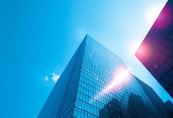 Sleek glass skyscrapers pierce a vibrant blue sky, reflecting sunlight, panorama, futuristic