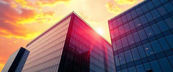 Sleek glass corporate building facade against vibrant sunrise sky, towers, dawn