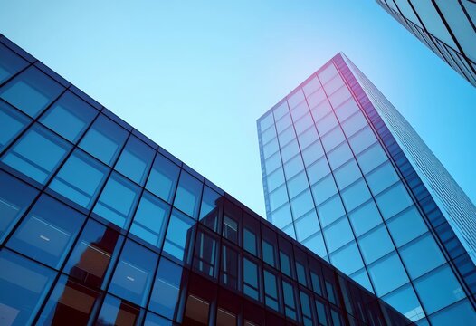 Sleek glass and steel facade, geometric design, corporate building, blue sky, sunlight, facade