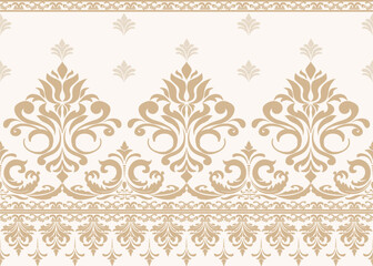 Elegant Traditional Ornamental Damask Border Pattern with Brown Floral Motifs for Textiles, Ceremony, Backgrounds, Packaging, and Decorative Vector Design 