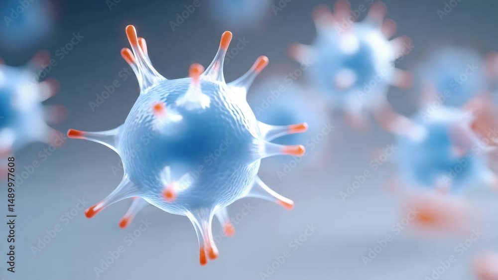 Poster 3d visualization of microscopic blue and orange virus structures floating in a soft grey background