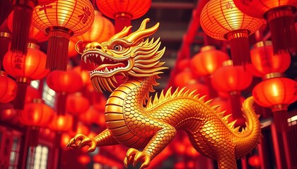 Obraz premium Golden dragon amidst vibrant red lanterns, auspicious Lunar New Year symbol, ample copy space, bright, symbol