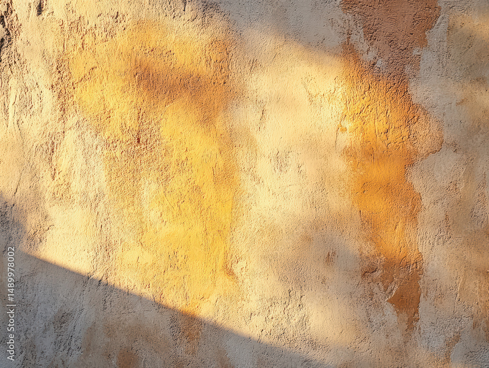 Poster sunlit textured wall: a captivating close-up of a textured wall bathed in the warm glow of sunlight,