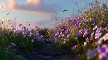 Obraz premium Blooming flowers in meadow through dreamy gardens and paradise concept. Colorful flowers bloom along a serene pathway in nature.