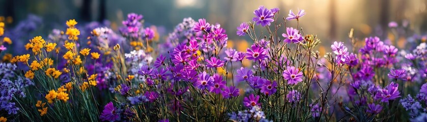 Obraz premium Blooming flowers in meadow through dreamy gardens and paradise concept. Vibrant flowers blooming in a sunny garden showcasing nature's beauty.