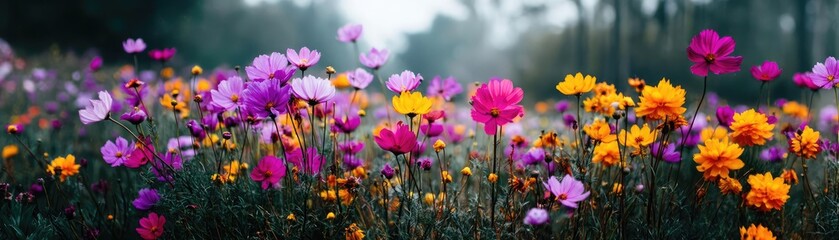 Fototapeta premium Blooming flowers in meadow through dreamy gardens and paradise concept. Vibrant field of colorful flowers blooming in natural sunlight.